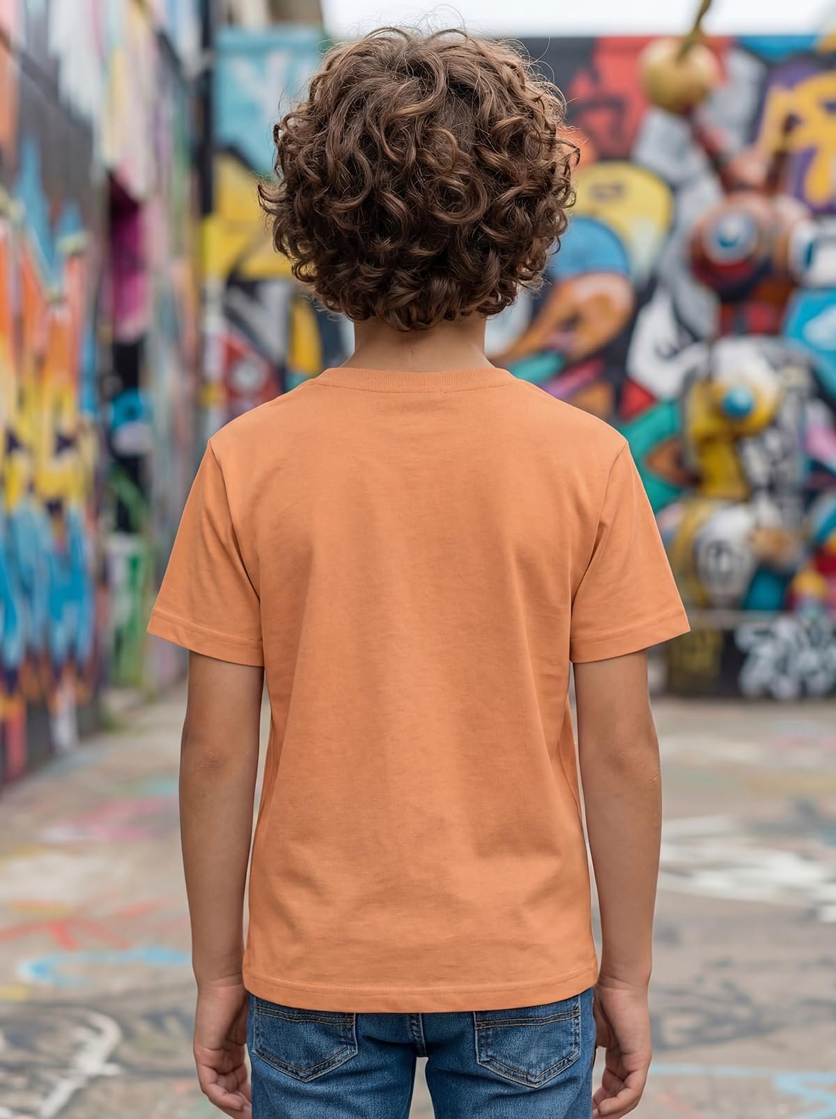 Boys Round Neck Printed Blended Cotton Tshirt -Combo Pack of 2 - Orange/Blue - Image 5