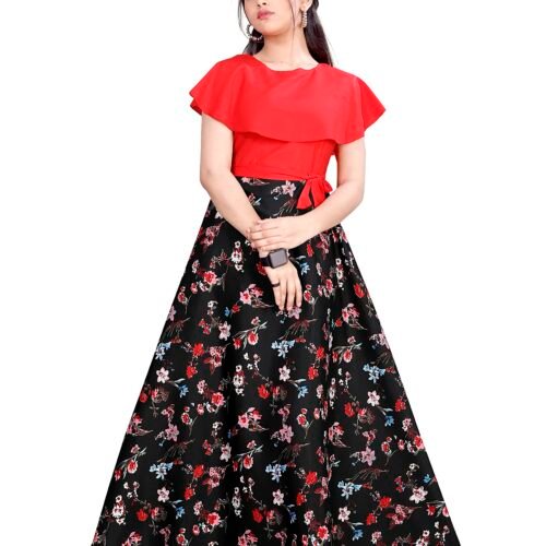 Girls Crepe Floral Printed Full Length Dress Pink