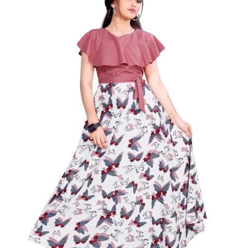 Girls Crepe Floral Printed Full Length Dress Pink
